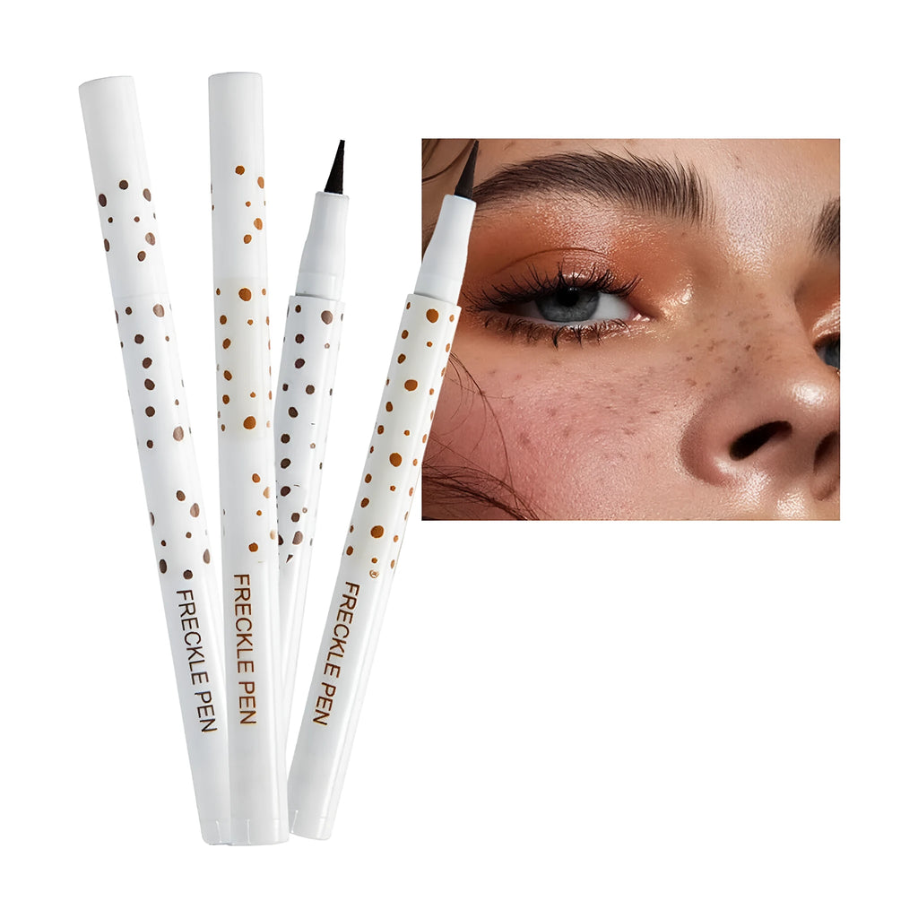 Dark brown freckle pen with precision tip for waterproof, natural-looking face and body makeup.