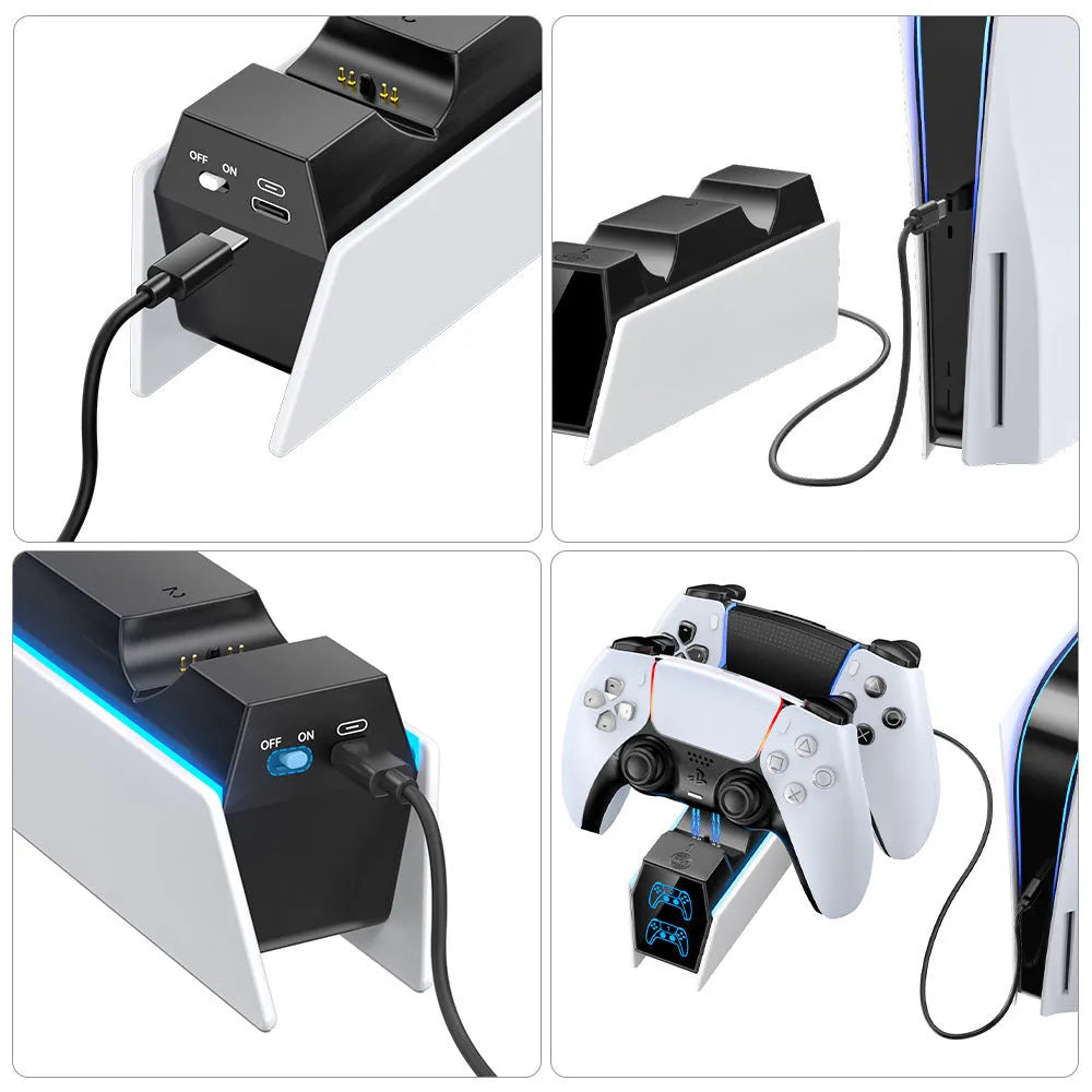 White PS5 wireless handle charger with RGB LED light and fixed dock for PS5 controller