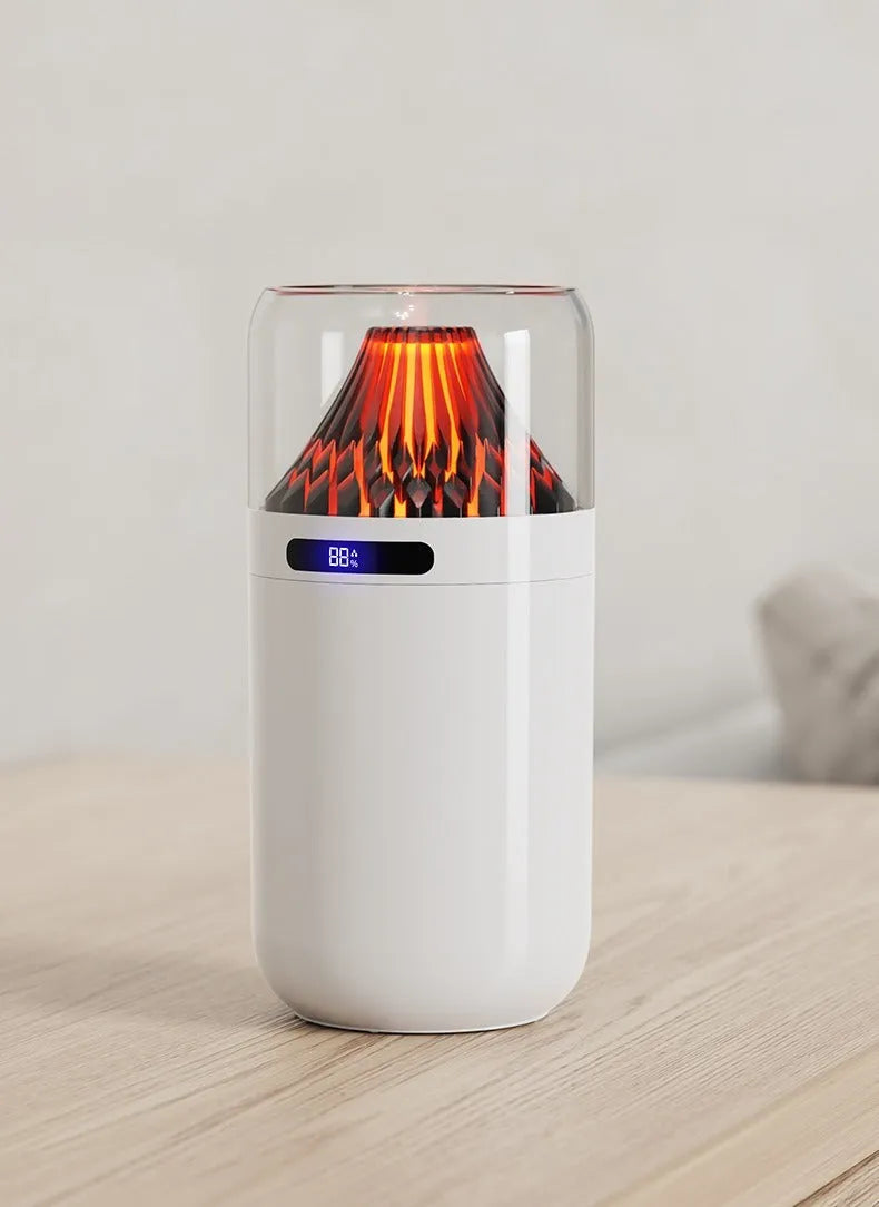 Volcano USB humidifier in black with digital display, compact battery-powered design for car and desk use.