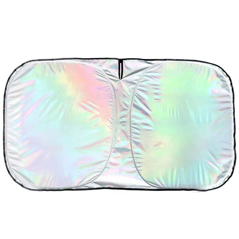 Laser titanium silver car sunshade for front windscreen, aluminium foil construction with storage bag