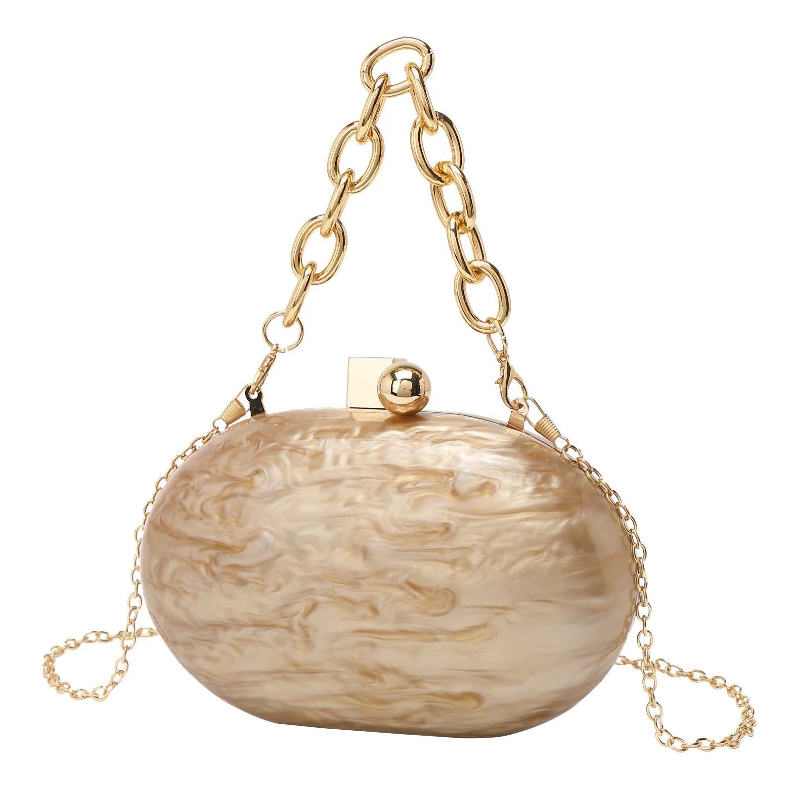 Oval acrylic women's clutch bag with detachable chain in pearlescent colour options
