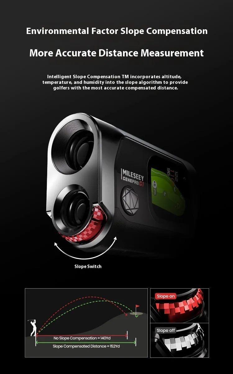 GenePro G1 black golf laser rangefinder with GPS shown on golf course.