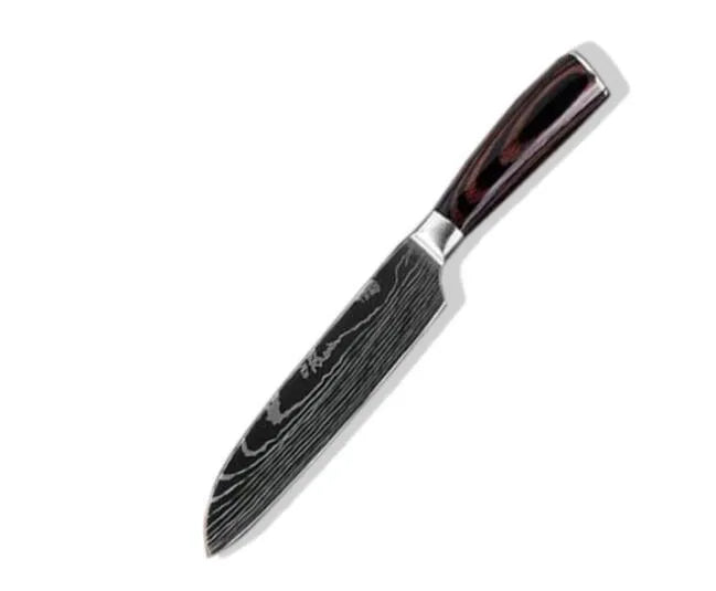 7Cr17 stainless steel kitchen knife with Damascus pattern blade and coloured wood handle on a cutting board.