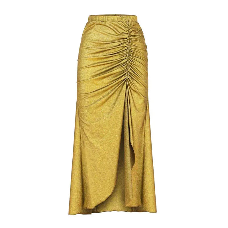 Women's yellow and green split bikini swimsuit set with high waist trousers and a wrap skirt laid flat.