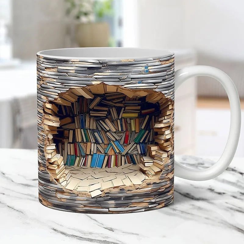 3D bookshelf ceramic mug with handle, library print, 350ml capacity, 9.8x8cm