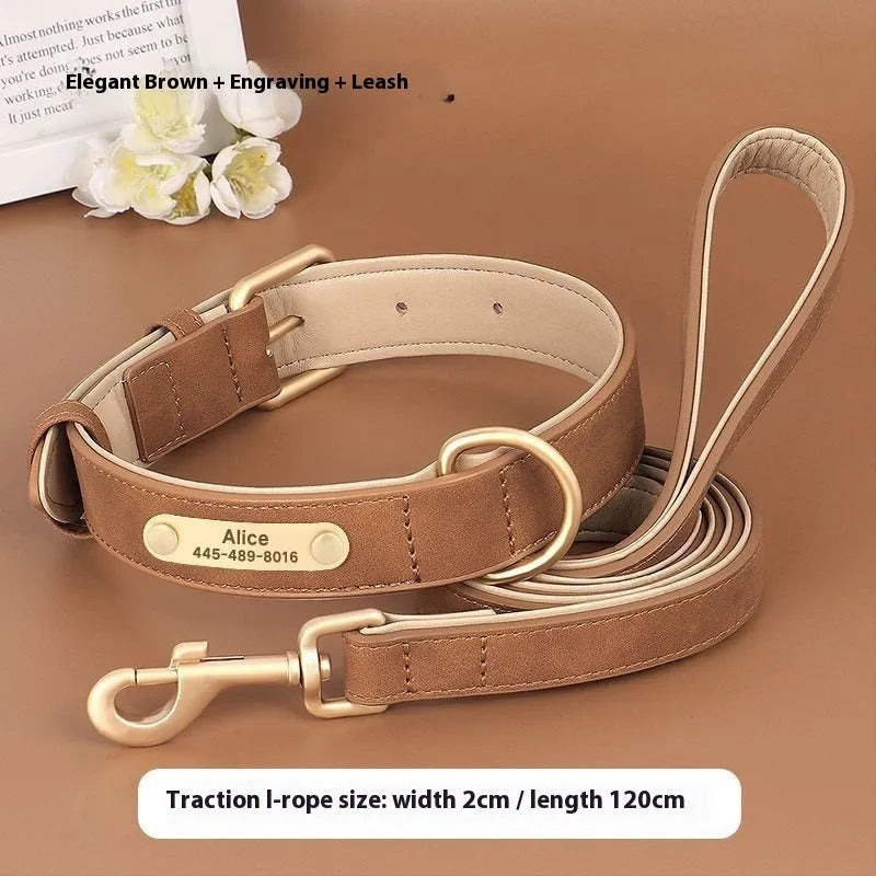 A brown double-layer leather dog collar with a matching lead and stainless steel buckle on a wooden surface.