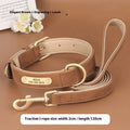 A brown double-layer leather dog collar with a matching lead and stainless steel buckle on a wooden surface.