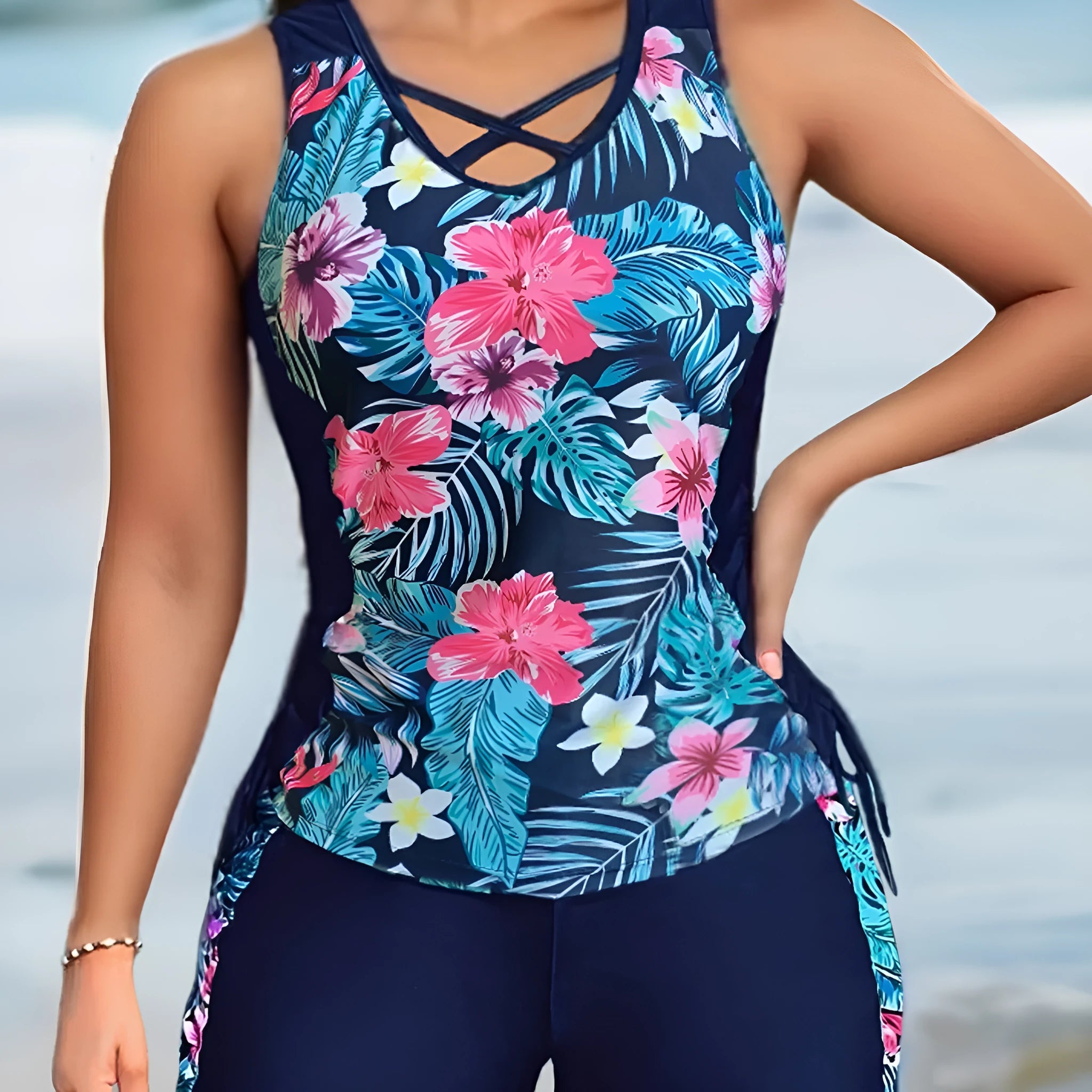 Plus-size woman in a high-waist floral print bikini with a backless design.