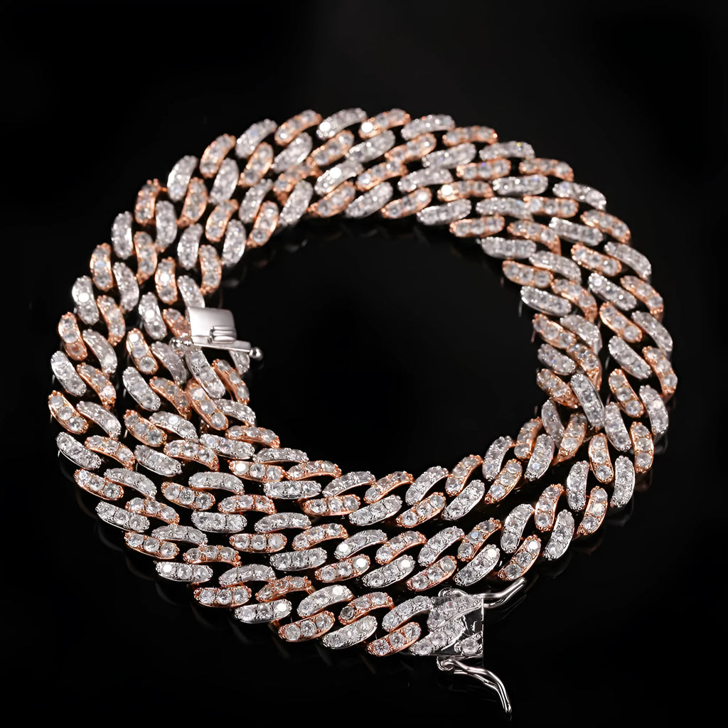 Unisex hip hop colour zirconium Cuban chain necklace in copper with zircon stones, white and pink, 18 inch length