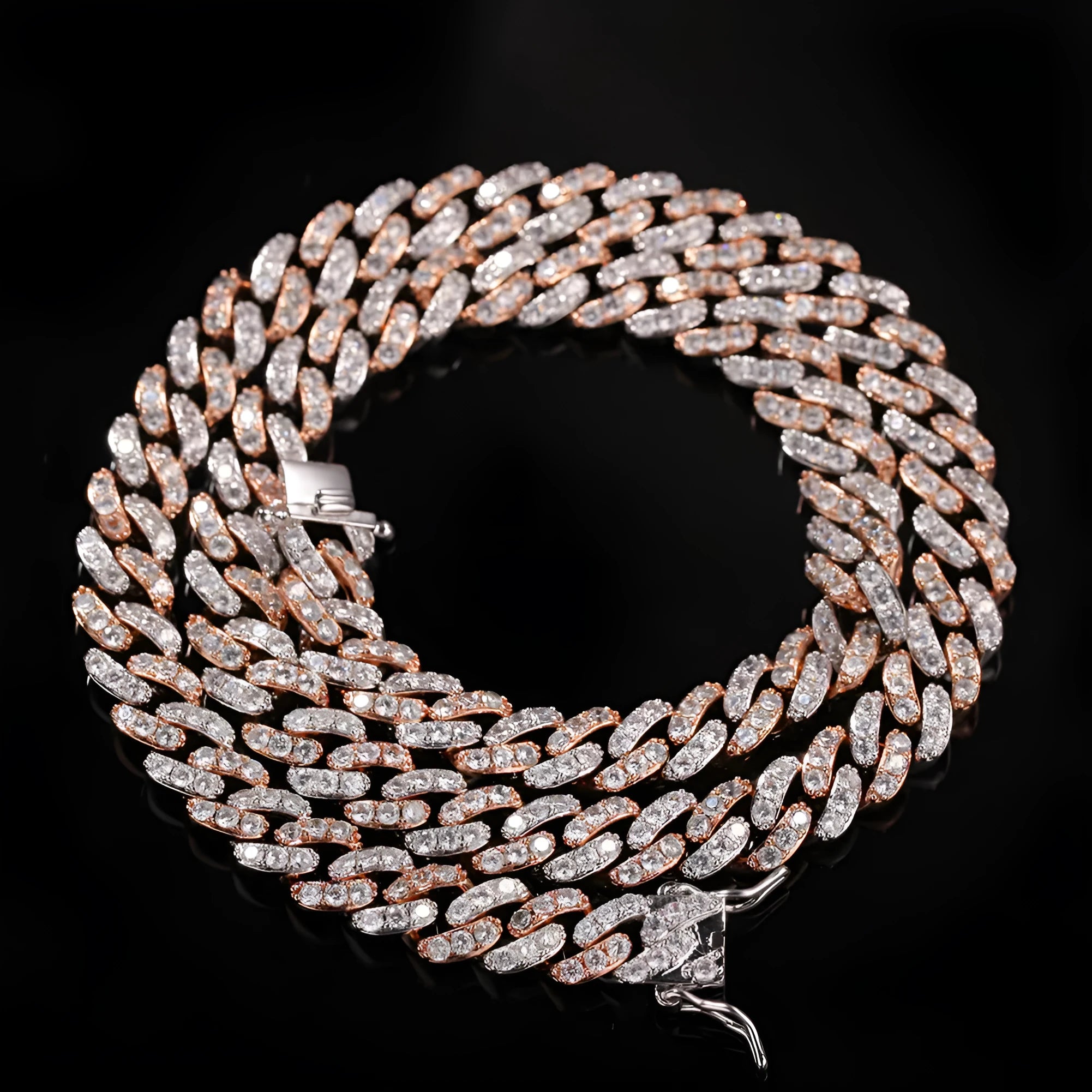 Unisex hip hop colour zirconium Cuban chain necklace in copper with zircon stones, white and pink, 18 inch length