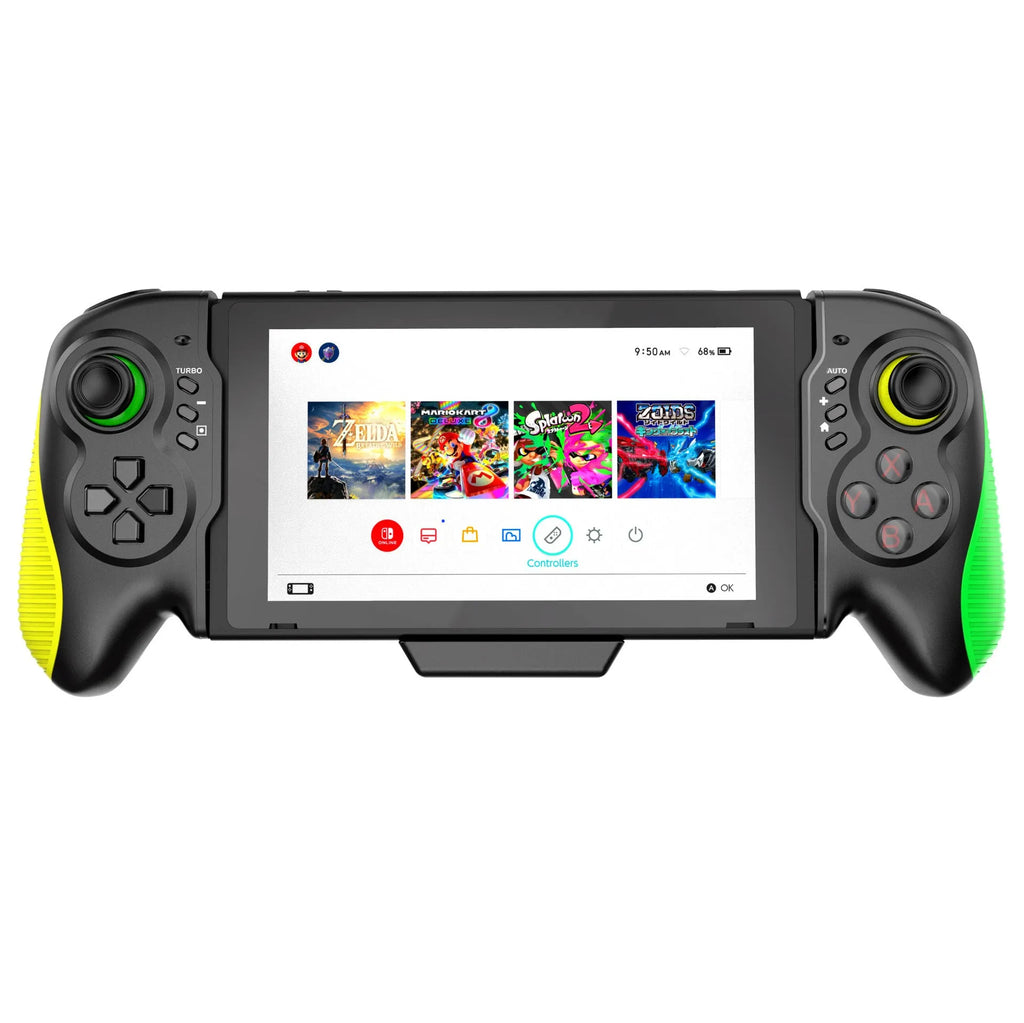 Yellow-green game controller for Nintendo Switch and PC with in-line handle design and somatosensory burst function
