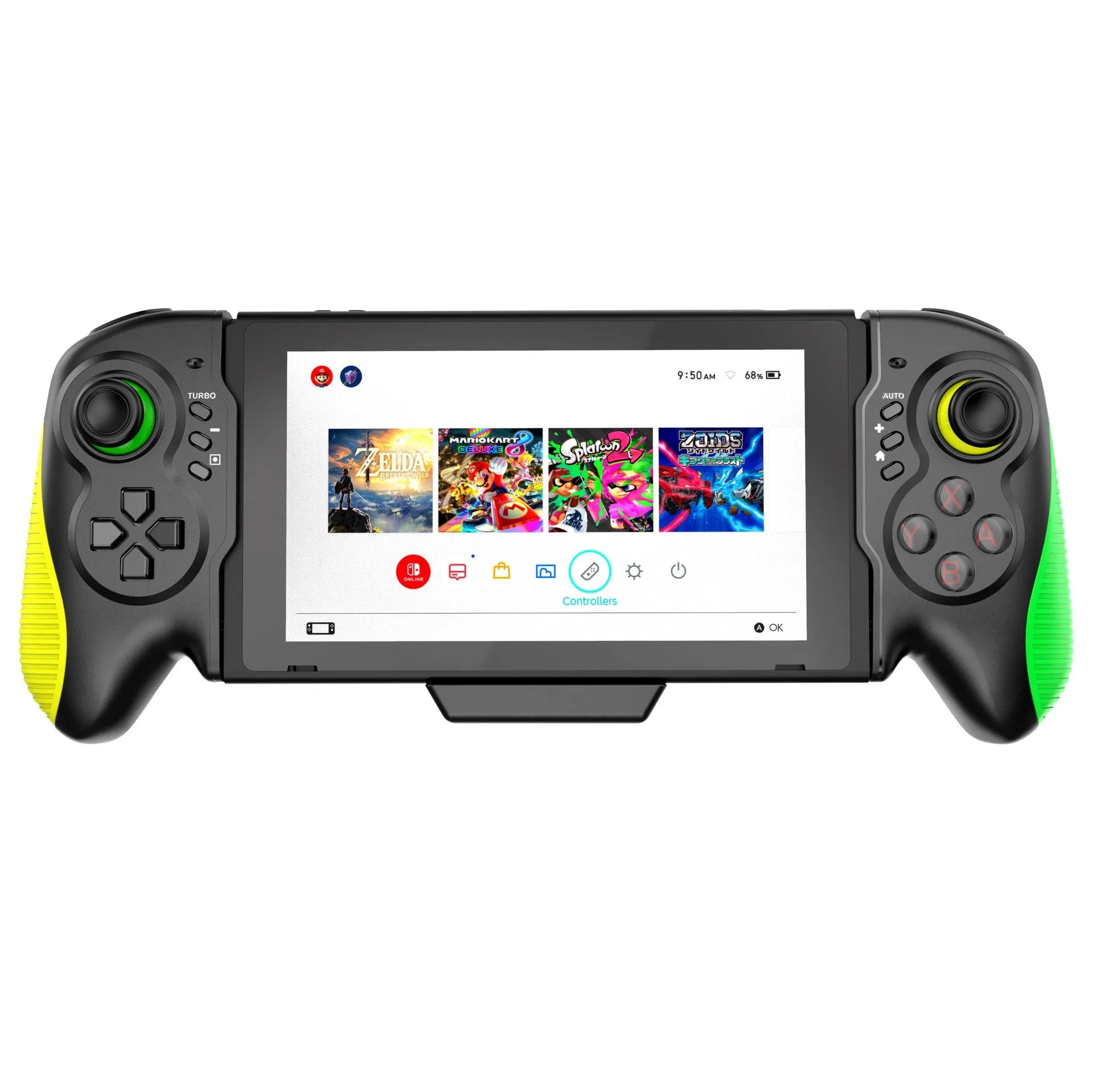 Yellow-green game controller for Nintendo Switch and PC with in-line handle design and somatosensory burst function
