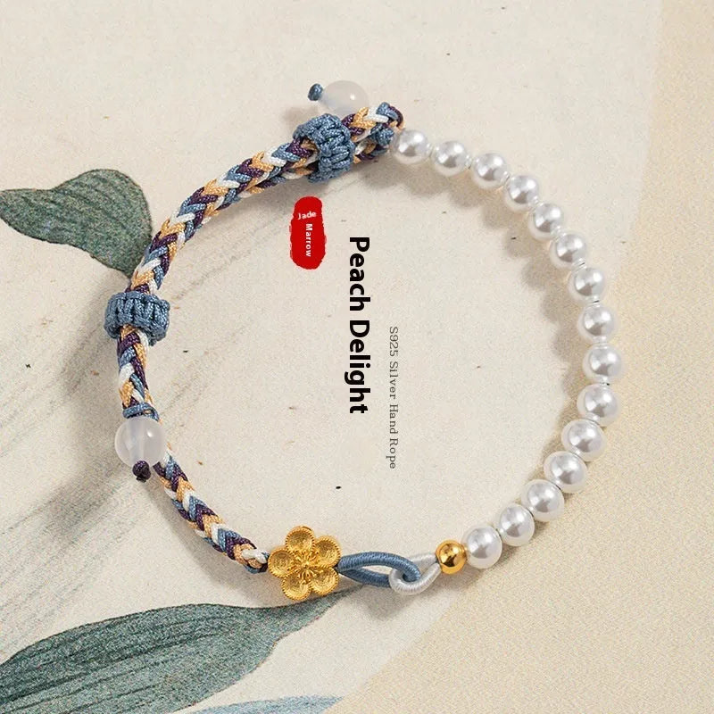 Sterling silver chalcedony Chinese flower weaving bracelet with peach colour cord and pearl floral elements