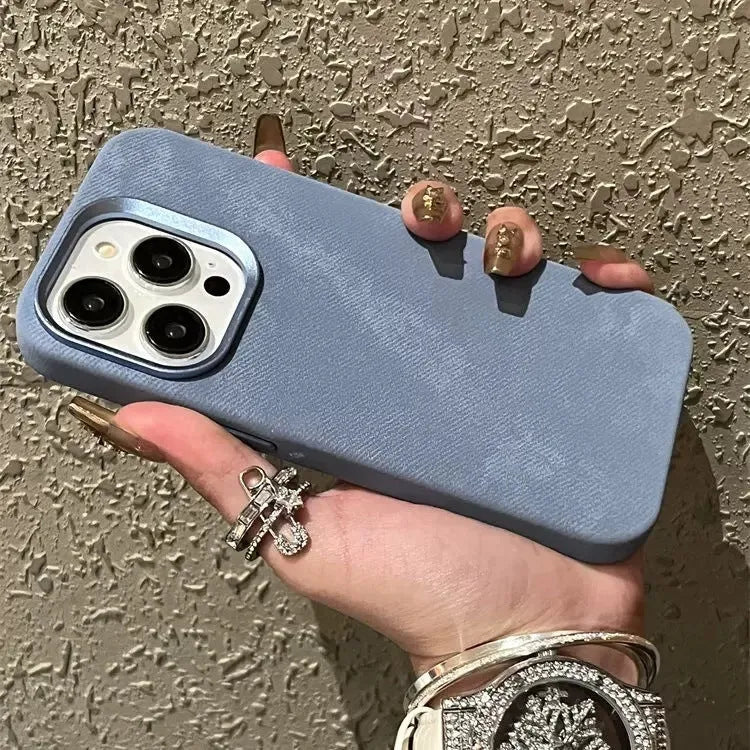 Magnetic velvet flannel hard phone case for iPhone in silver grey colour showing magnetic ring.