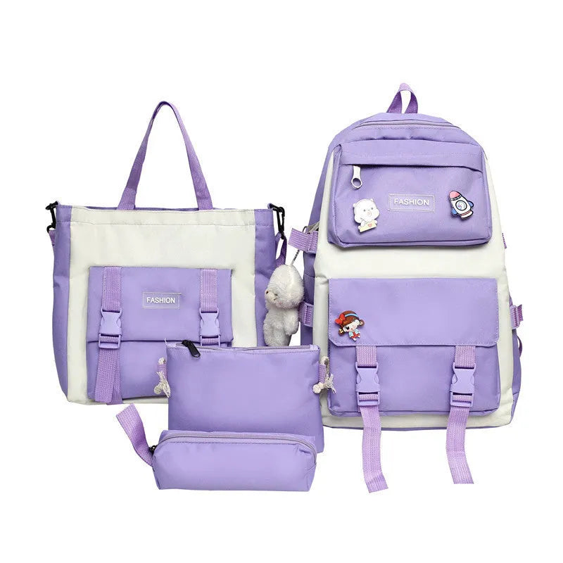 Korean style Mori casual Oxford cloth student four-piece set backpack in pink with curved shoulder straps