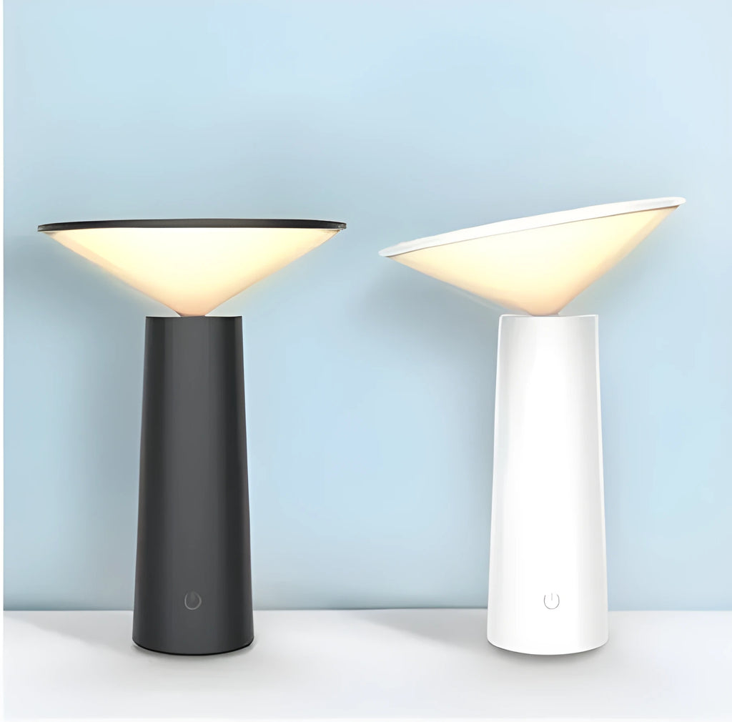 Black USB rechargeable table lamp with touch sensor panel and an adjustable flip lamp head.