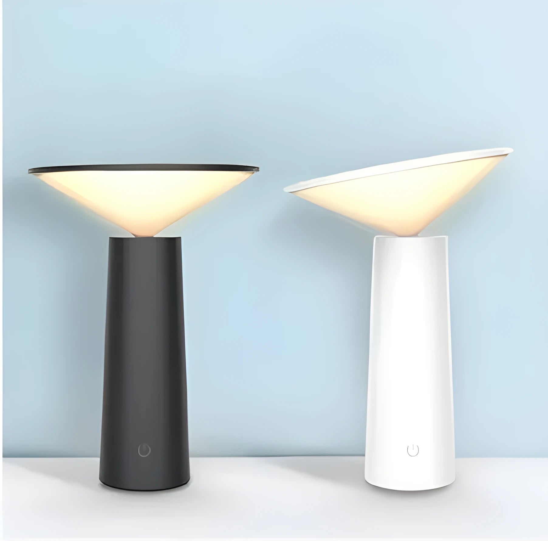 Black USB rechargeable table lamp with touch sensor panel and an adjustable flip lamp head.