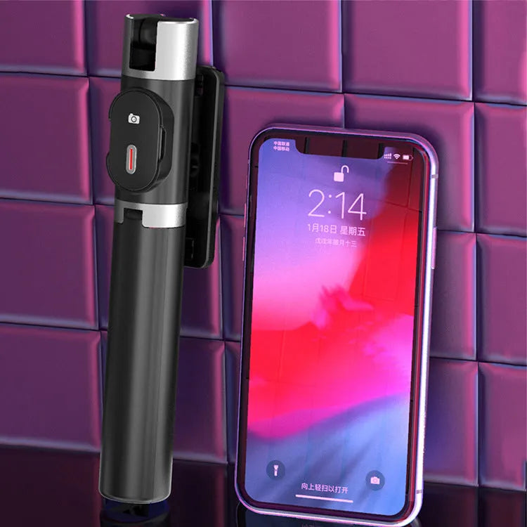 Black Bluetooth fill light selfie stick with tripod, ABS and stainless steel, compatible with Apple iPhone