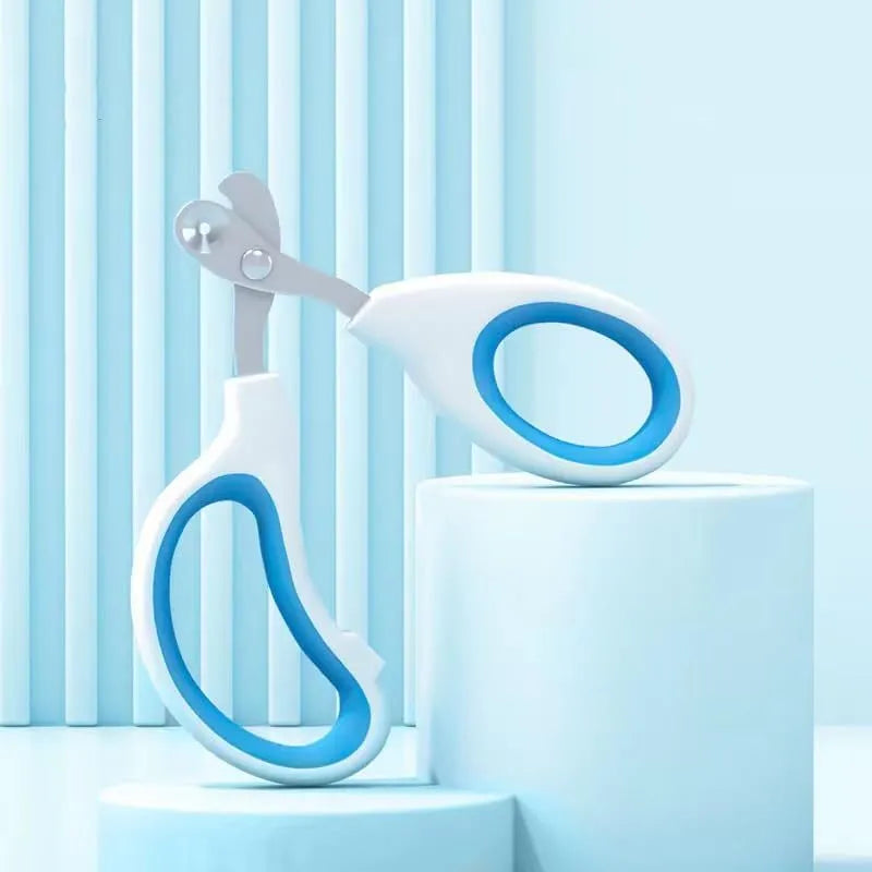 Blue handled cat nail clippers with circular cut hole showing stainless steel blade and non-slip grip.