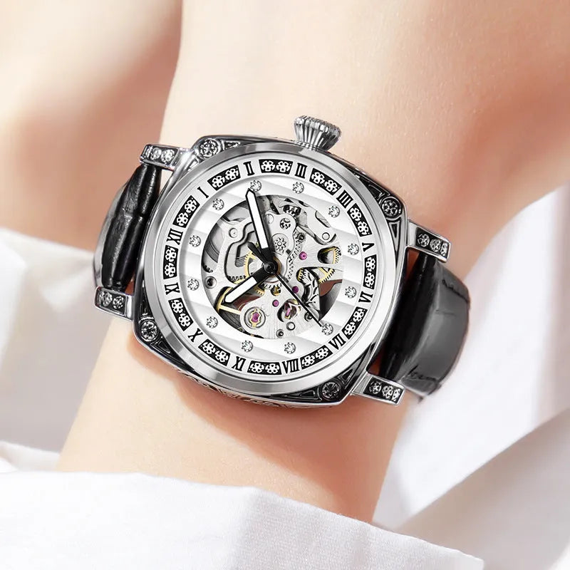 Men's mechanical watch with luminous hands on a leather strap, showing colour options: black, red, steel, and white dials.