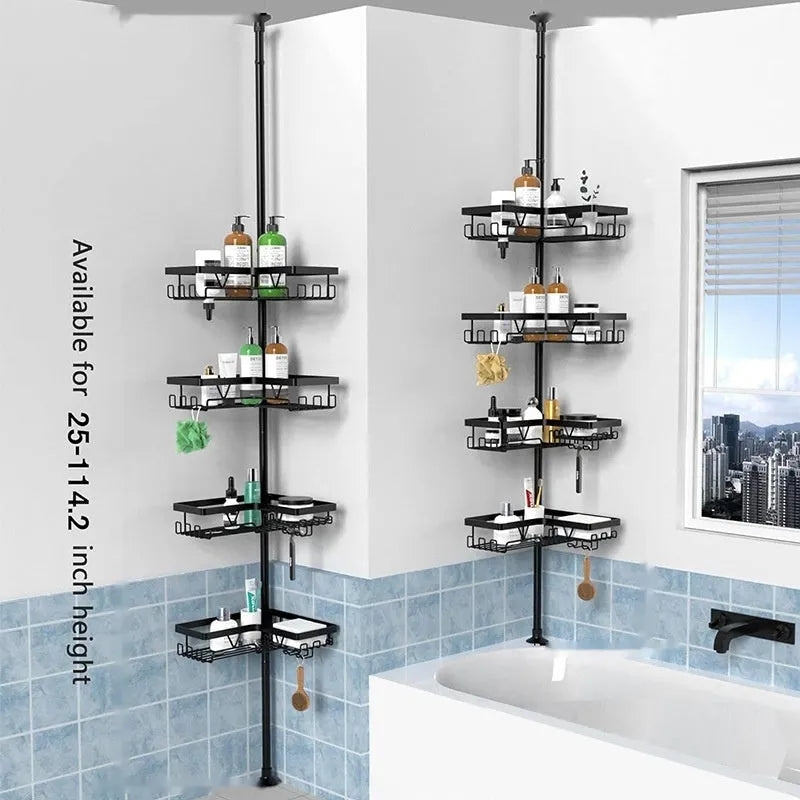 Retractable four-tier metal bathroom storage rack with a modern design