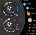 Two natural stone beaded bracelets with zodiac charms on a wrist.