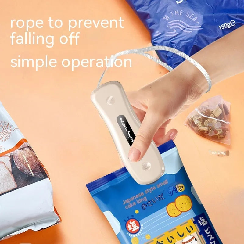 Rechargeable mini USB sealing machine in milky white with Type-C charging port and magnetic patch