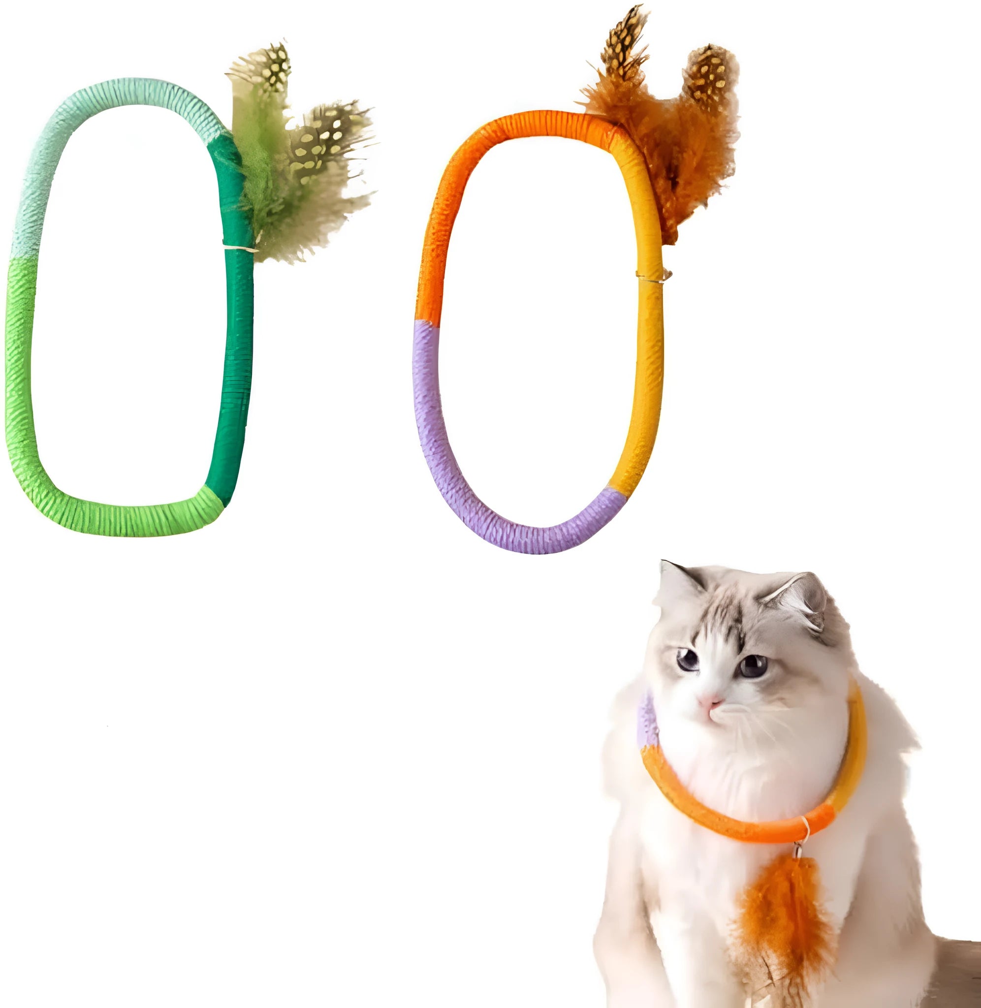 Green cotton rope circular cat toy with feathers and catnip for interactive play