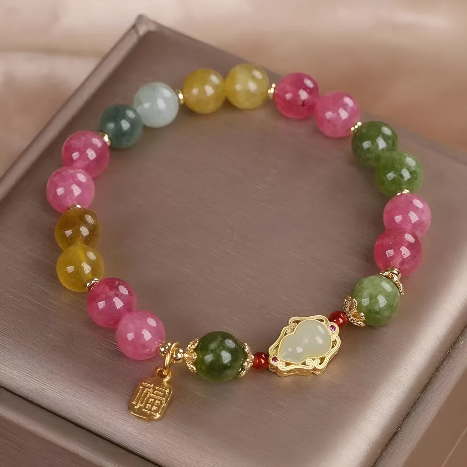 Women's bracelet with colourful tourmaline gourd blessing card charm and electroplating finish
