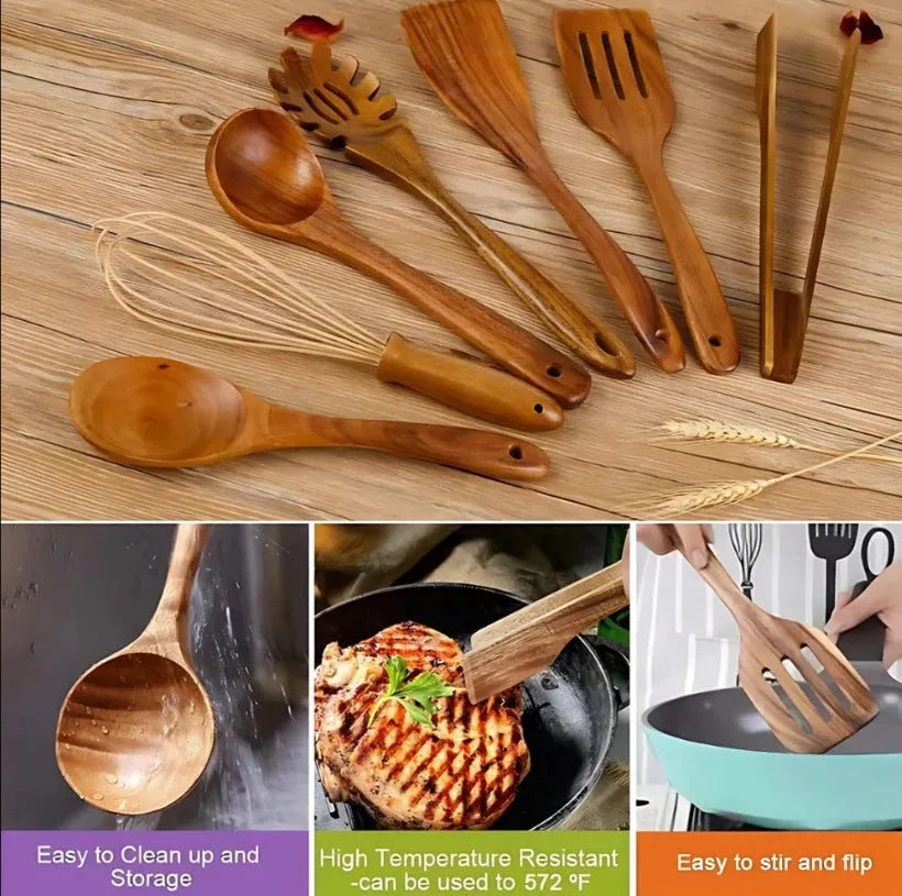 Seven wooden cooking utensils including spoon and shovel for non-stick pans
