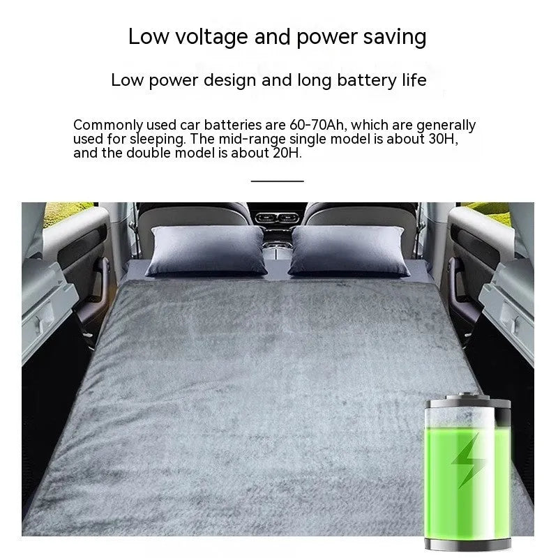 Grey 12v car electric blanket with power cord and controller on a car seat.