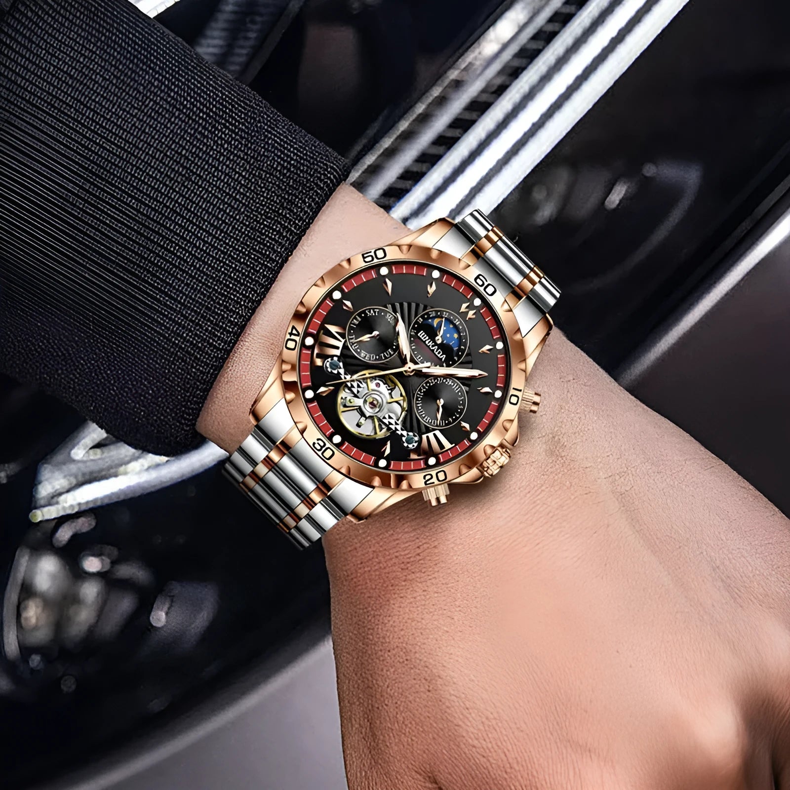 Full-automatic waterproof luminous mechanical watch for men with steel bracelet in black, 13mm thickness