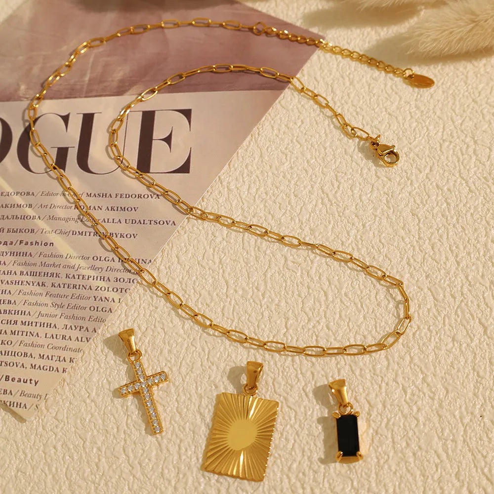 Titanium steel cross pendant necklace with black zircon square plate and gold electroplating on regular chain