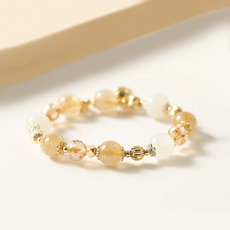 Korean style gold rutilated quartz crystal bracelet with electroplated Lucky Fortune finish