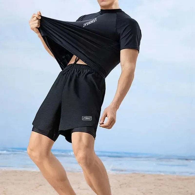 Men's patterned plus size swimsuit set with matching top and trunks on a mannequin.