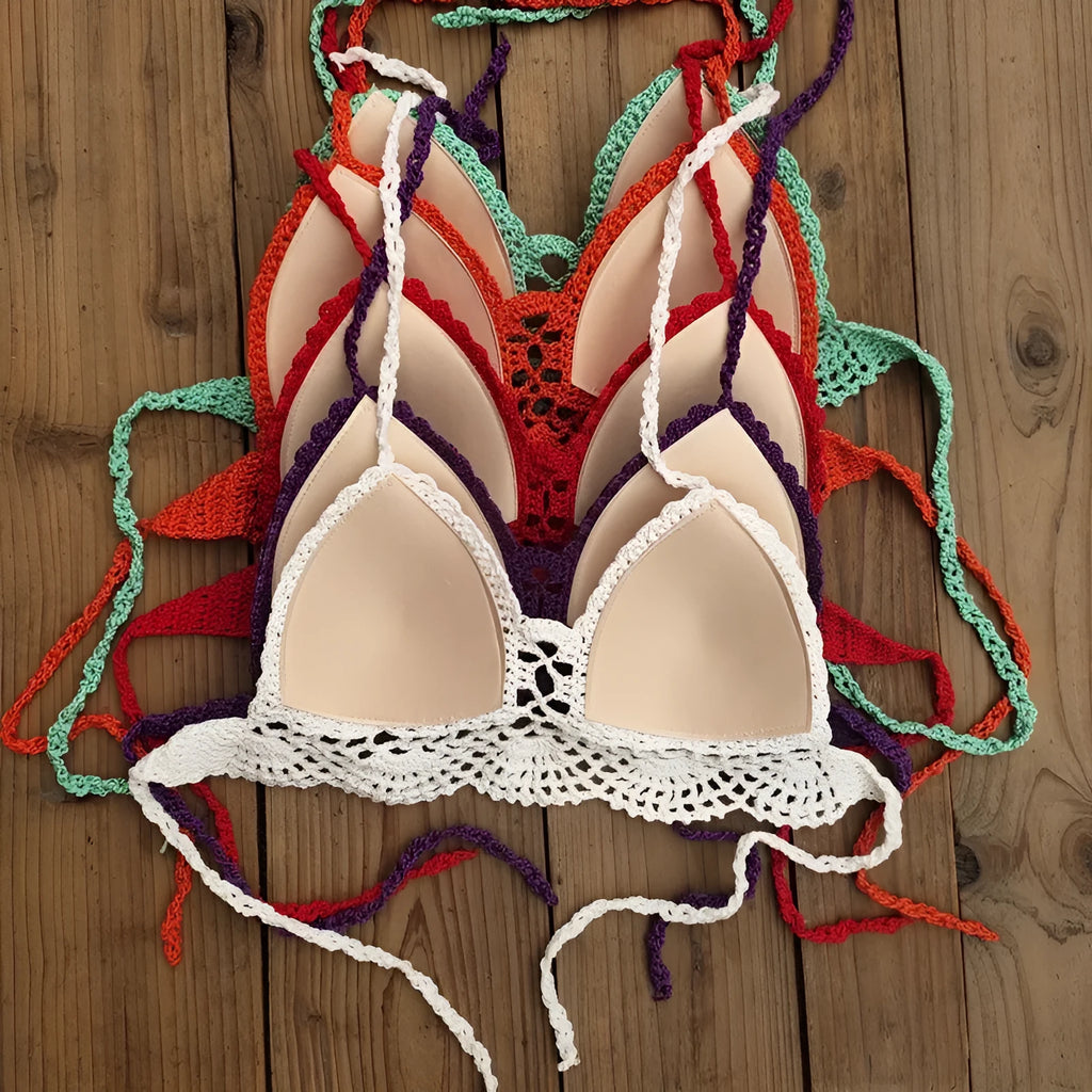 Womens boho crochet bra backless retro polka dot cotton blend chest pad no steel support