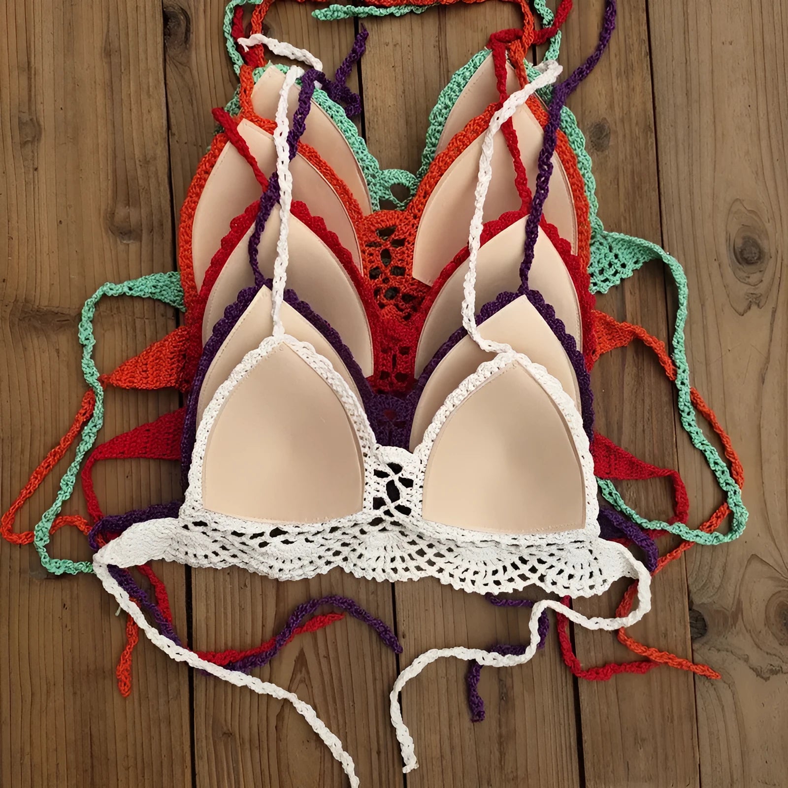 Womens boho crochet bra backless retro polka dot cotton blend chest pad no steel support