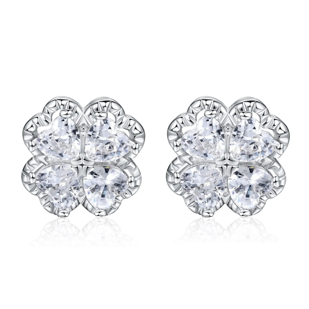 925 sterling silver heart-shaped four-leaf clover earrings with white gold colour and zircon stones.