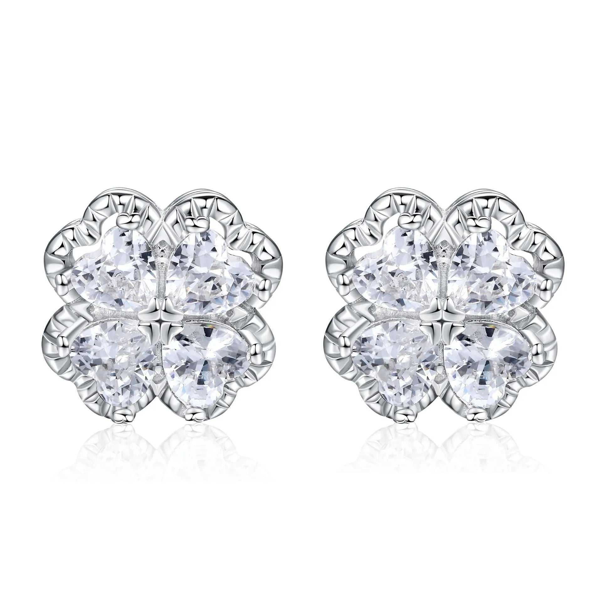 925 sterling silver heart-shaped four-leaf clover earrings with white gold colour and zircon stones.