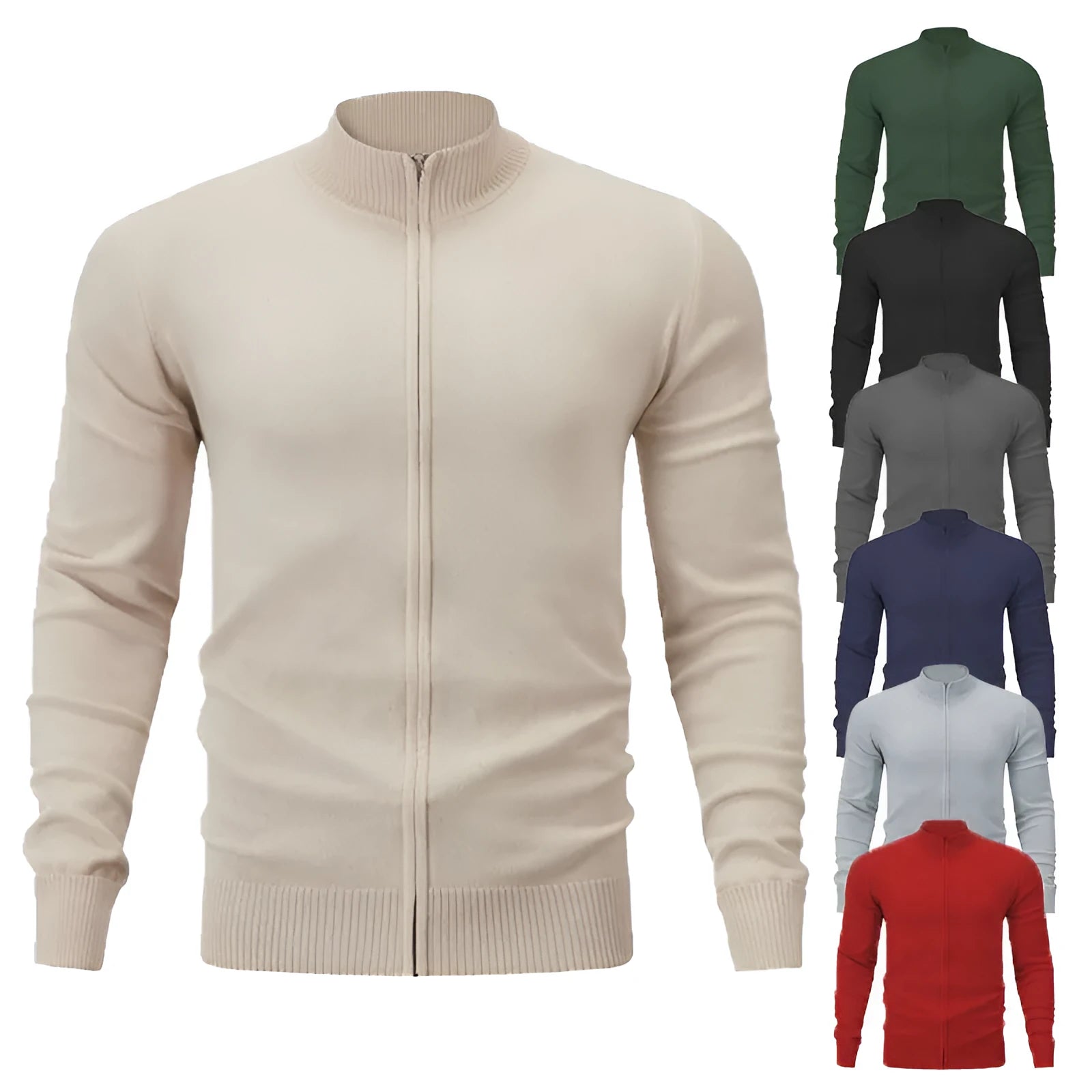 Men's loose-fitting casual zip-front cardigan sweater with a stand collar in a solid colour.