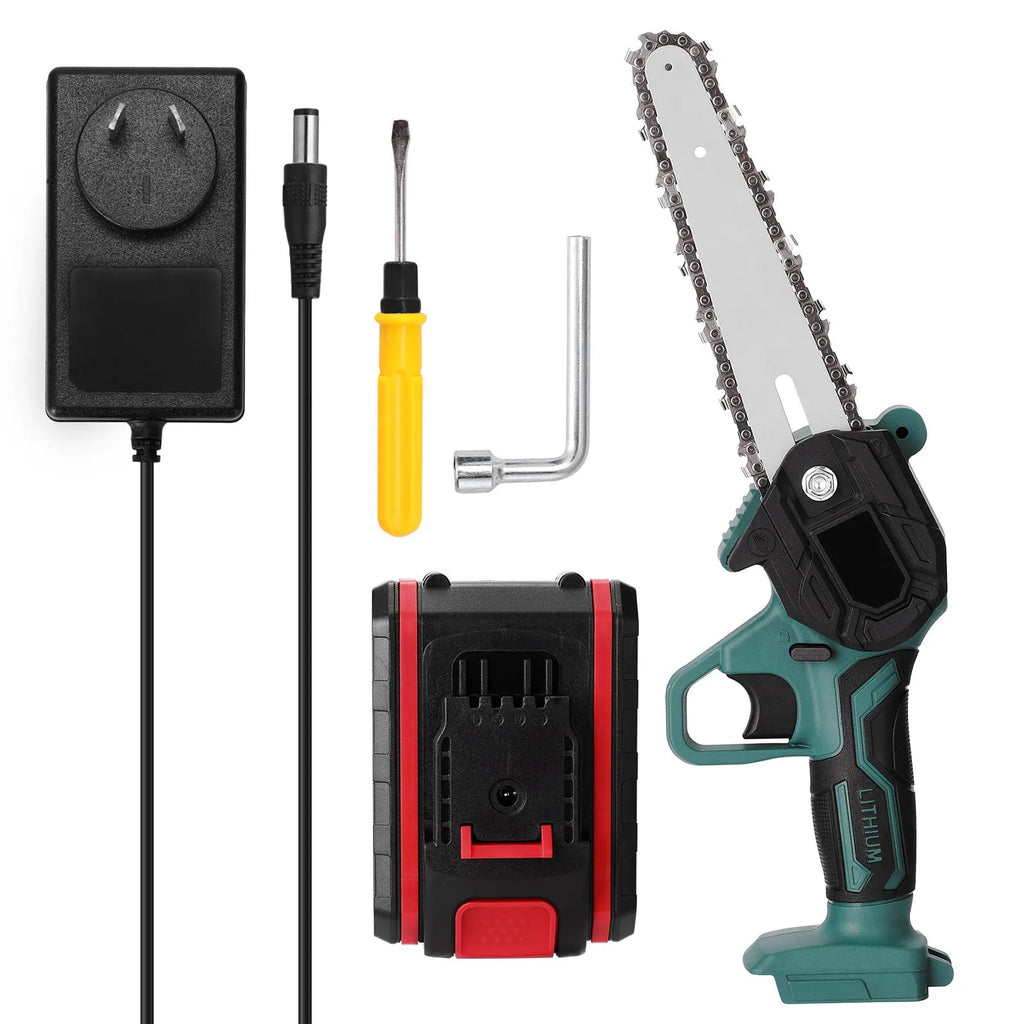 Black mini electric chainsaw with green accents, held in one hand, showing compact size and 4-inch guide bar.