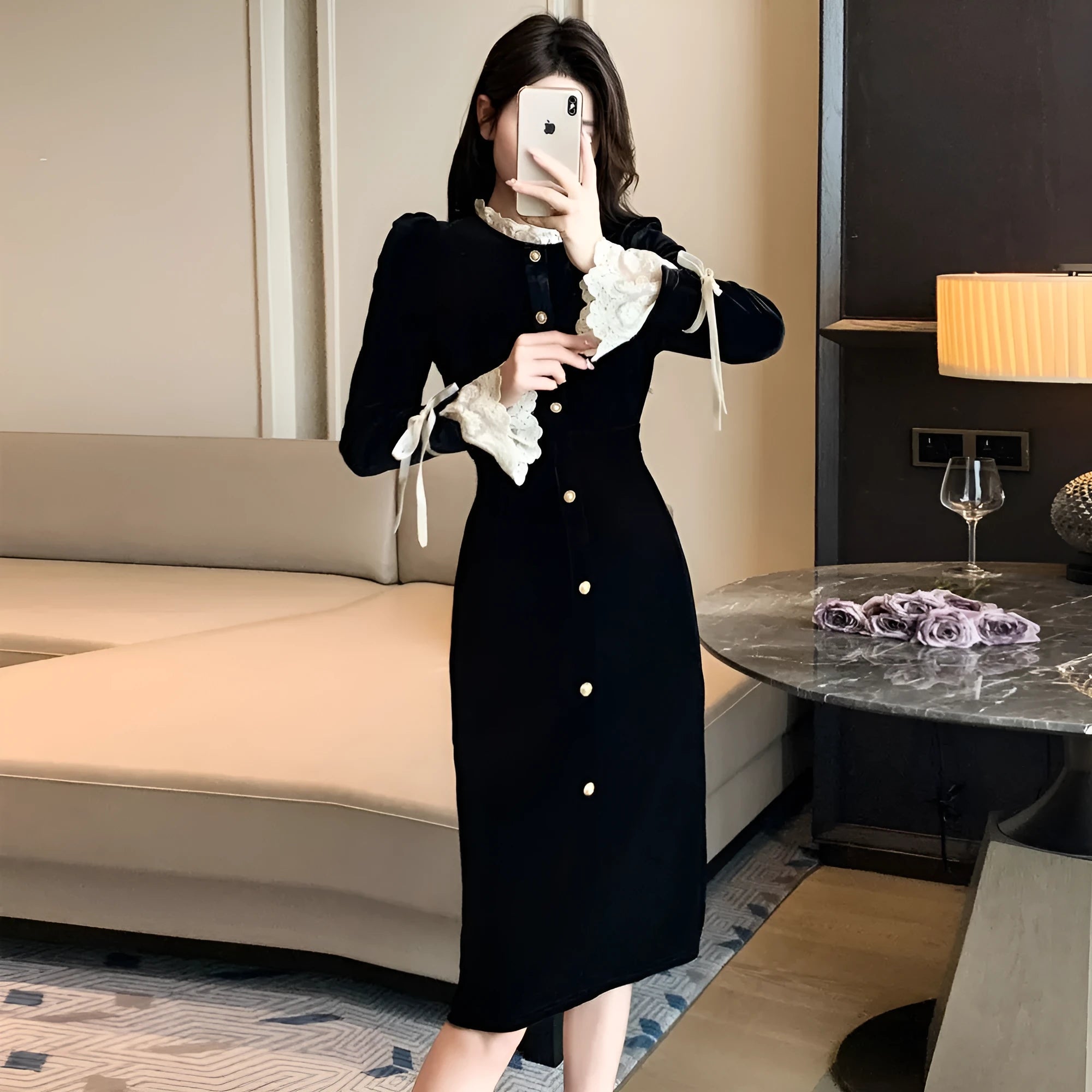 French lace spliced velvet dress for men and women, black, long sleeve, mid-rise waist on a hanger