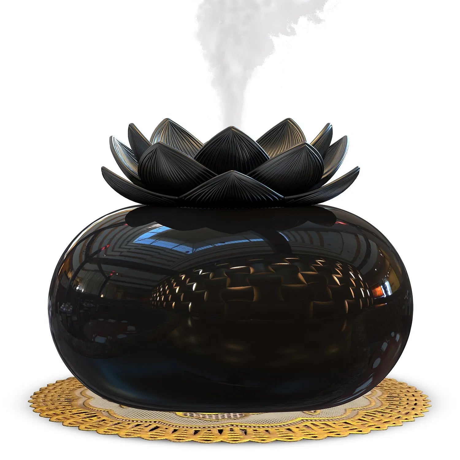 Pure black lotus-shaped aromatherapy humidifier with USB cable on a desk