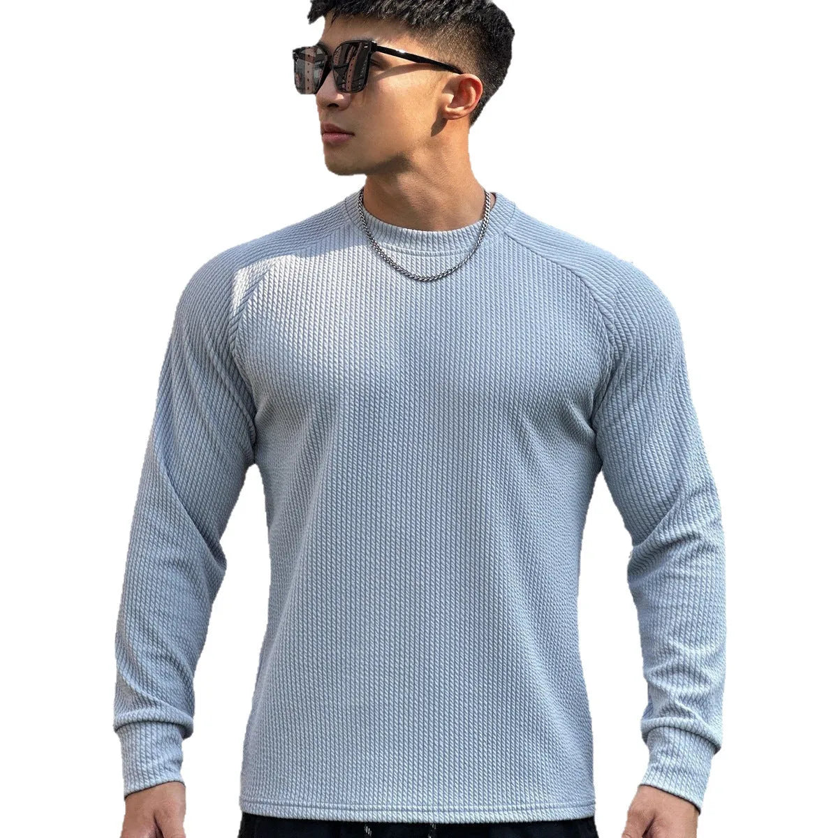 Men's crew neck casual plus size pullover long sleeve solid colour polyester top in black, white, dark grey, dark green, light grey, sizes M to 3XL