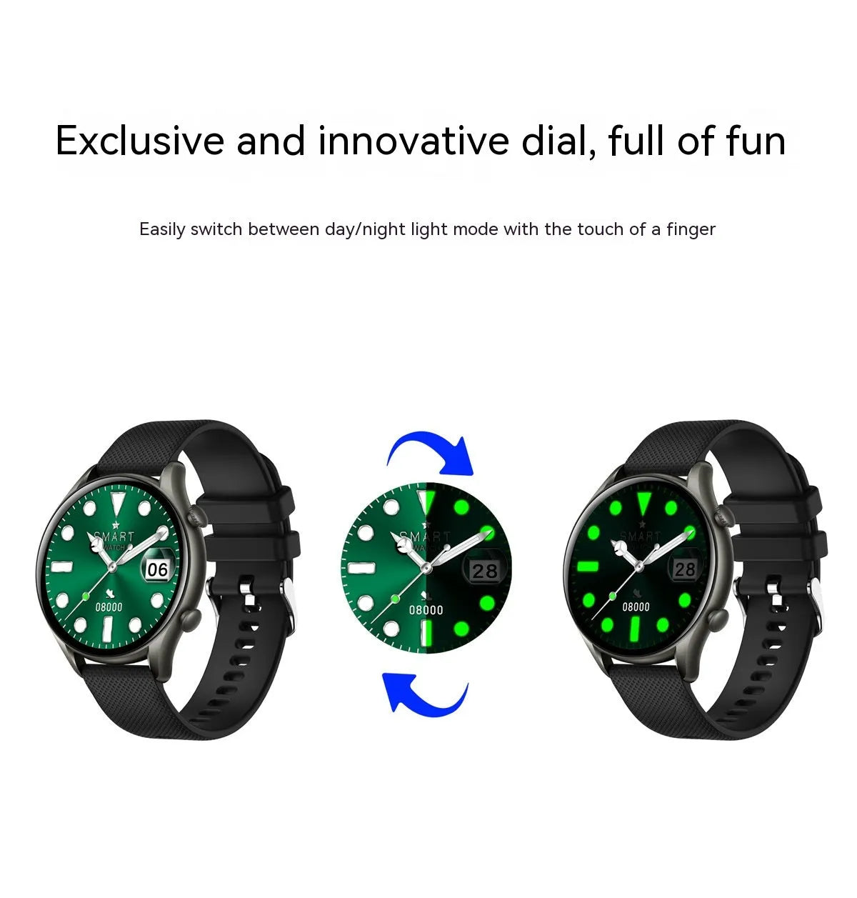 KT60 smart watch with 1.39-inch HD round IPS screen in black glue colour on a wrist showing the display