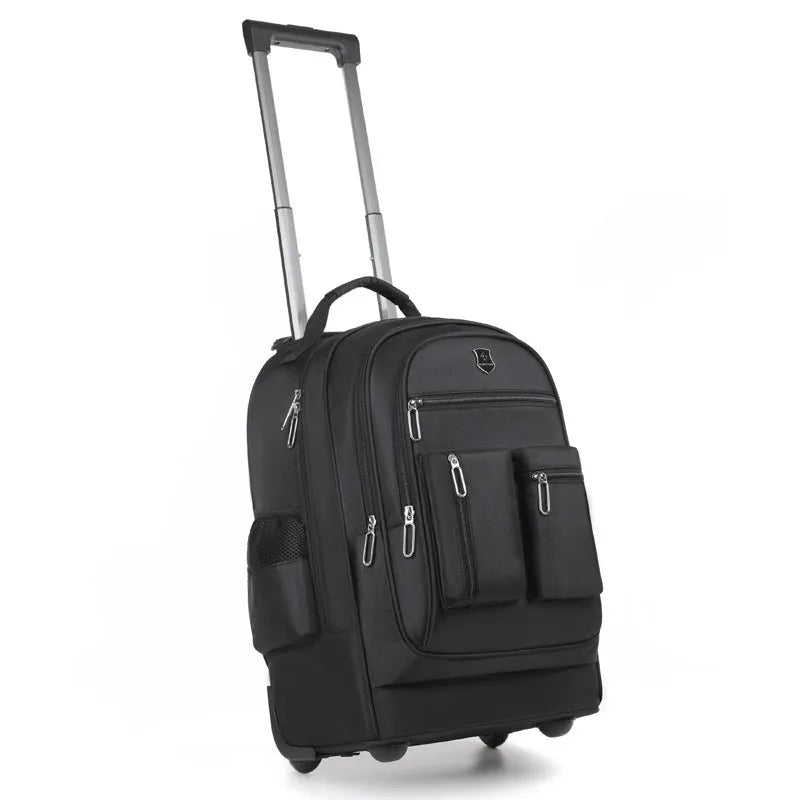 Ultra-light 16-inch Oxford cloth trolley backpack with single-directional wheels in black