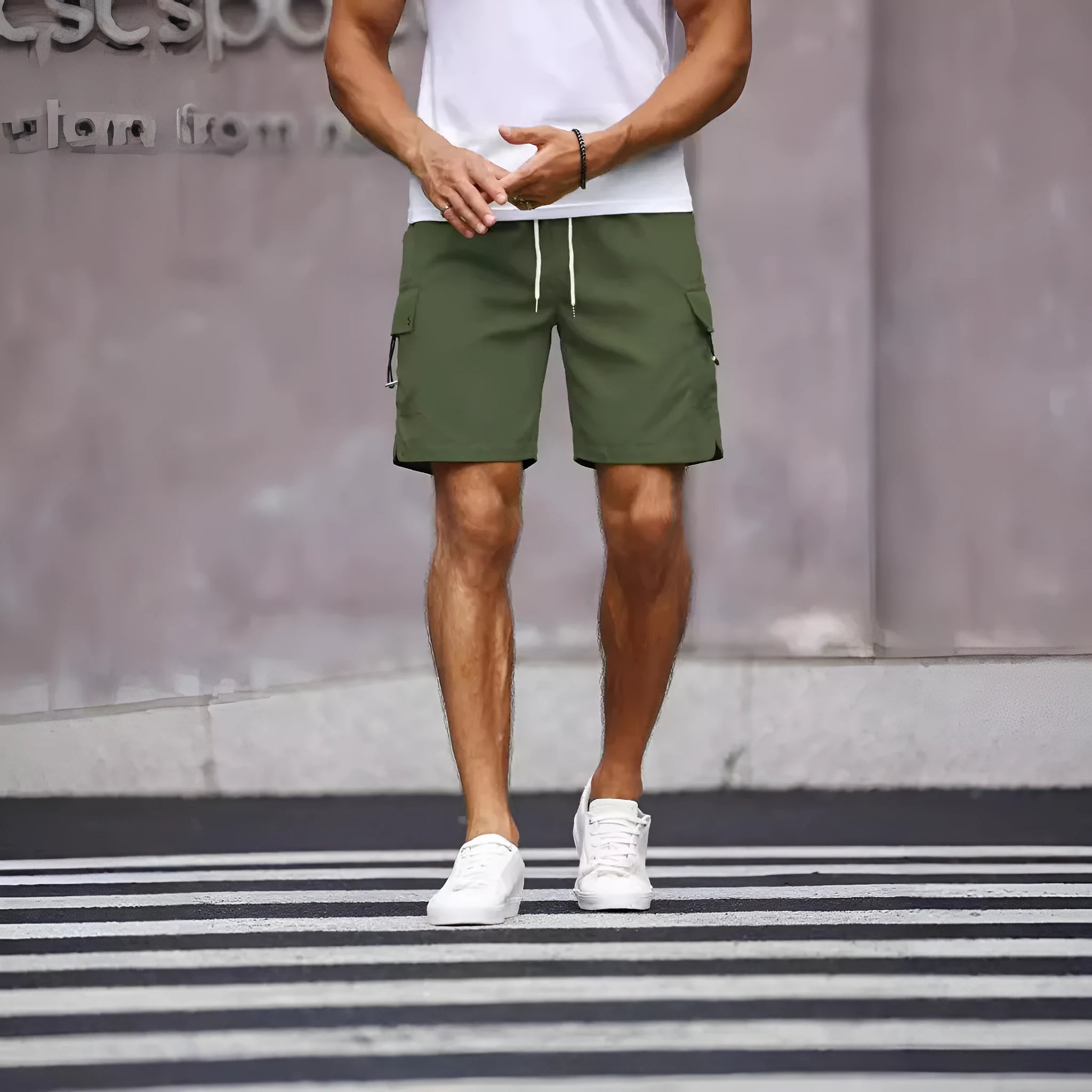 Men's loose fit workwear shorts in cool silk cotton fabric available in fluorescent green and army green colours