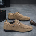 Men's brown casual slip-on loafers with suede finish, round toe, low heel, non-slip plastic sole