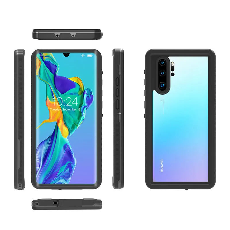 Huawei P30 series anti-drop phone case in black with wave point pattern, showing front and back views