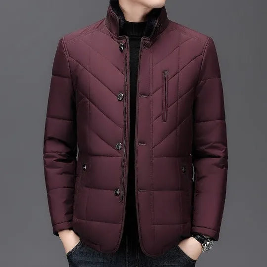 Men's solid colour winter short coat with side seam pockets, available in dark blue.